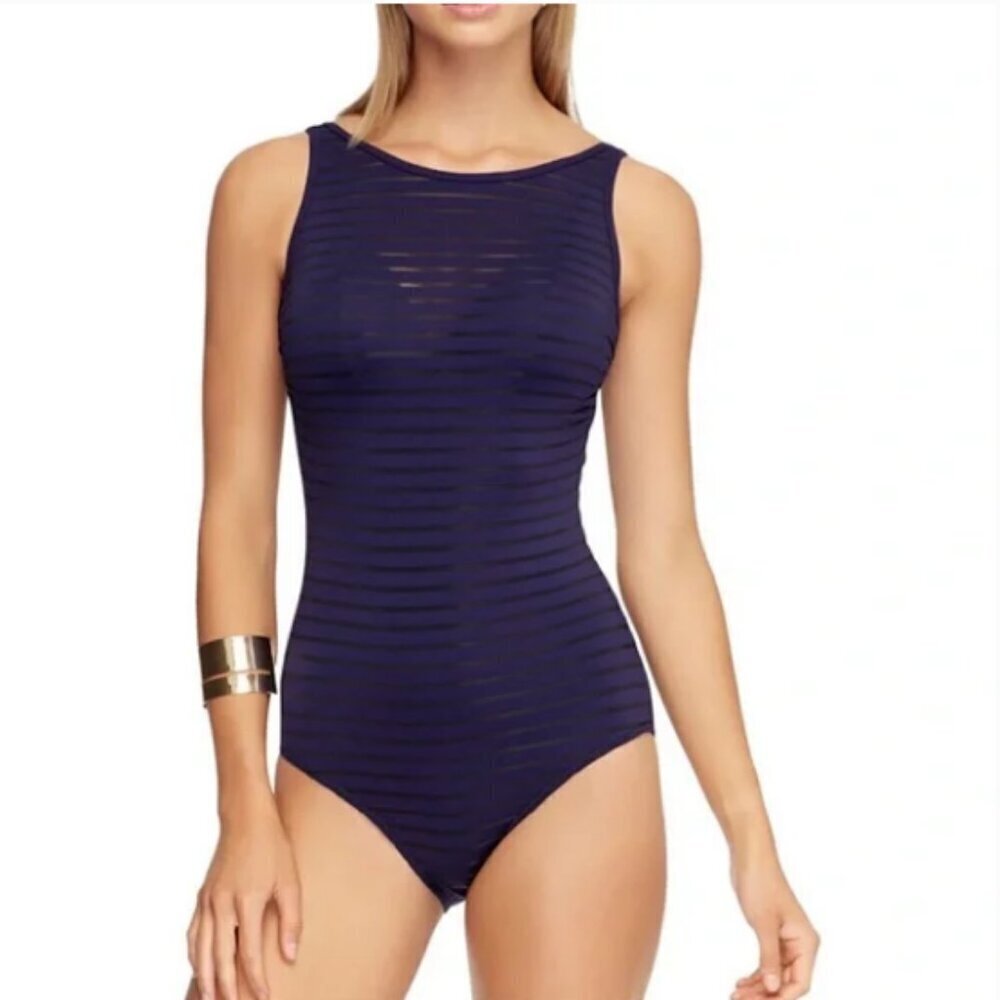 JETS by Jessika Allen High Neck Parallels Overlay Blue One Piece Swimsuit 10